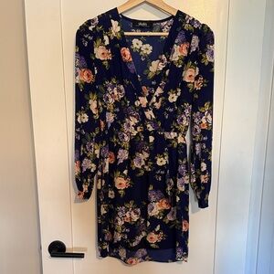Lulu's Navy Floral Wrap-Style Long Sleeve Dress